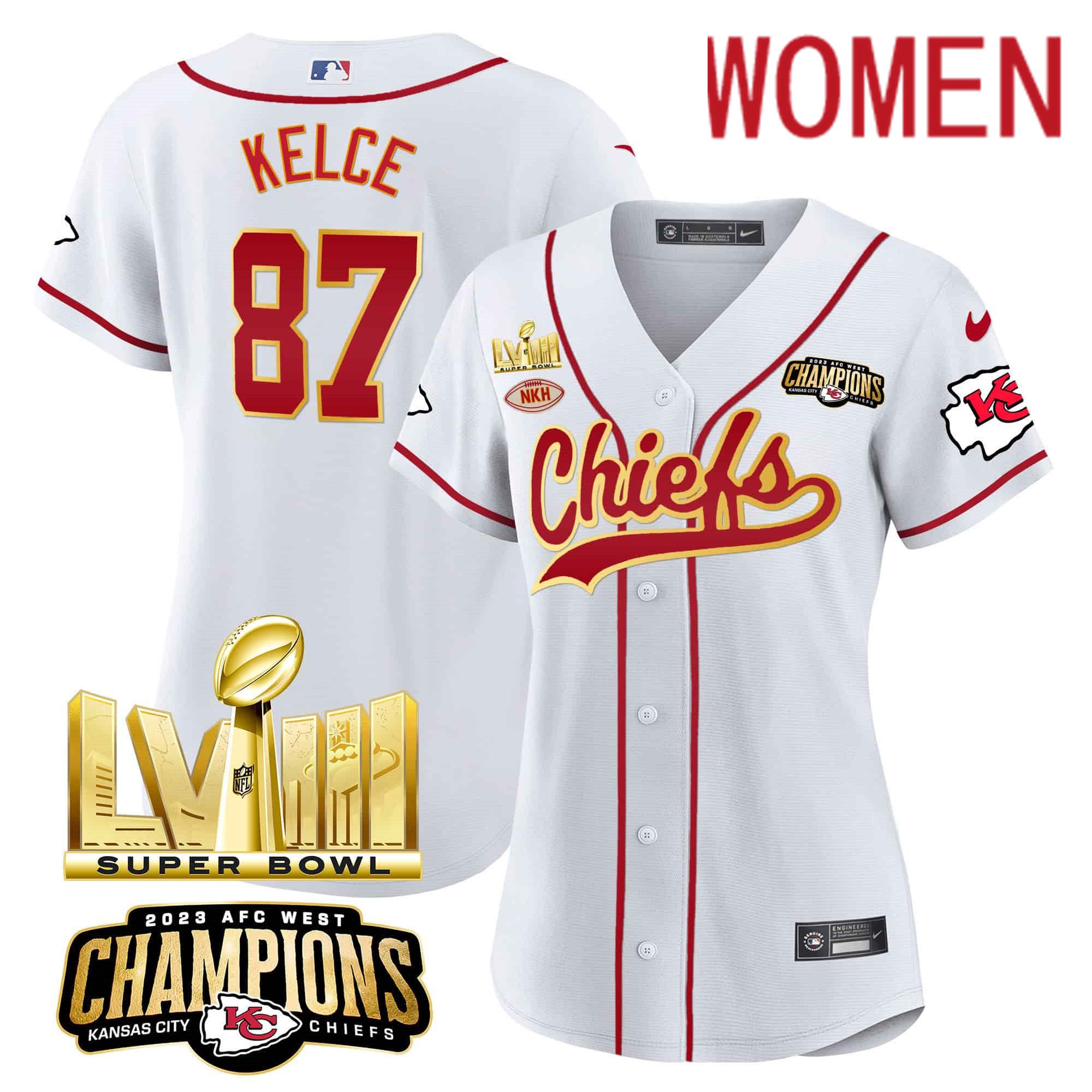 Women Kansas City Chiefs #87 Kelce White 2024 Nike Super Bowl LVIII Back-2-Back Gold Patch Baseball NFL Jersey